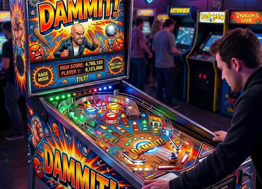 Person playing 'DAMMIT!' pinball machine in arcade with neon signs and arcade cabinets in background