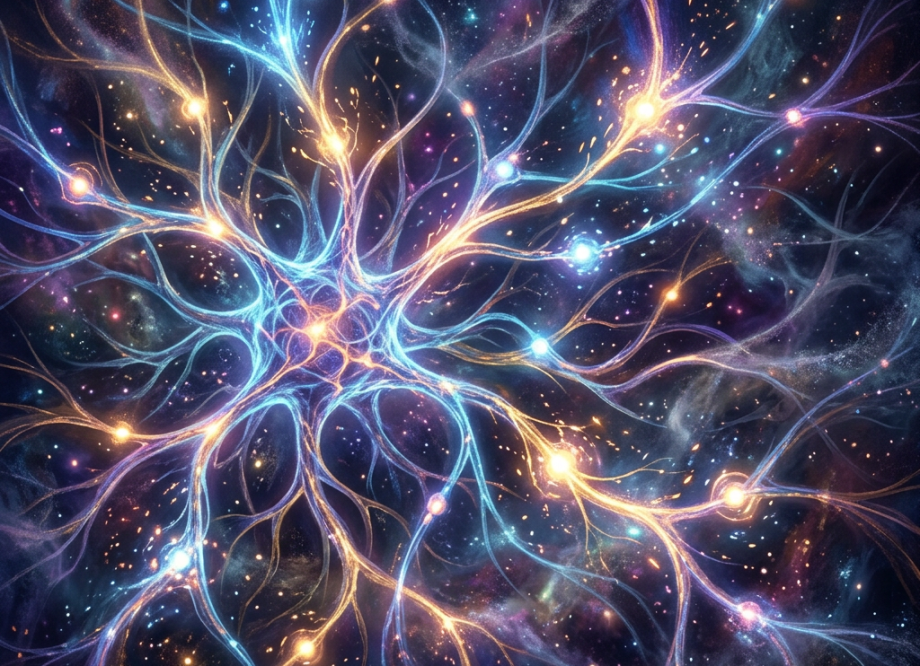 Colorful glowing neural network connections with bright synapses on a dark background